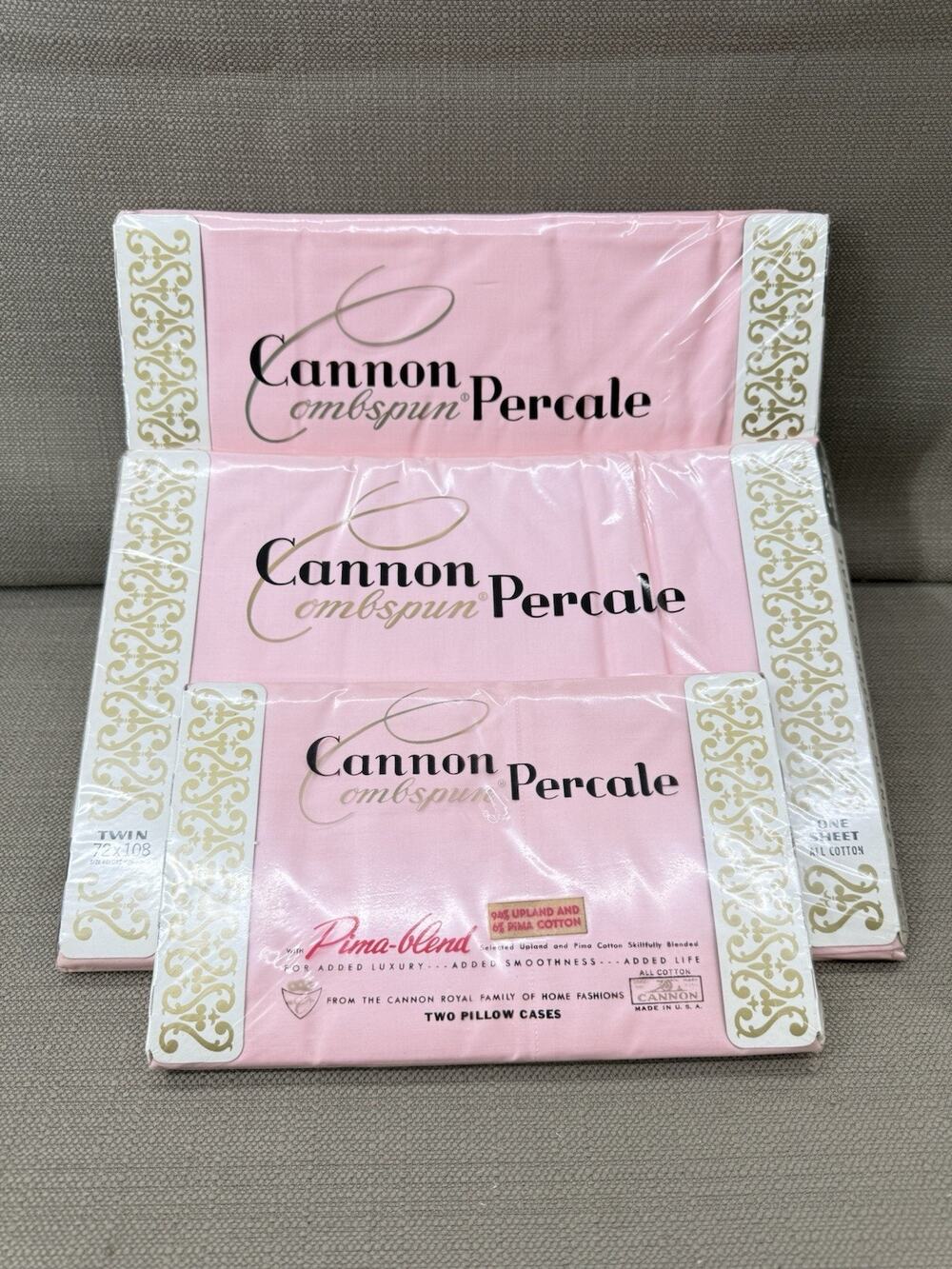 Vintage NOS Cannon Percale Twin Sheet Set Pink Pima Cotton Blend 4 Pc NIP